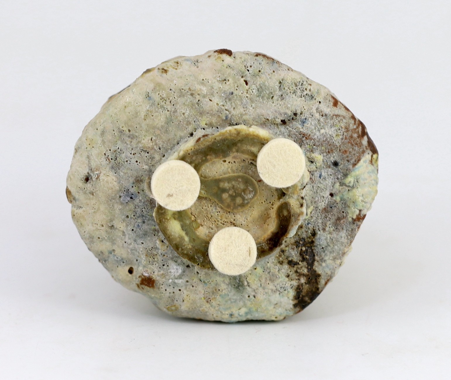 Ewen Henderson (1934-2000), a hand-built mixed laminated clay unomi, 11cm across 8.5cm high